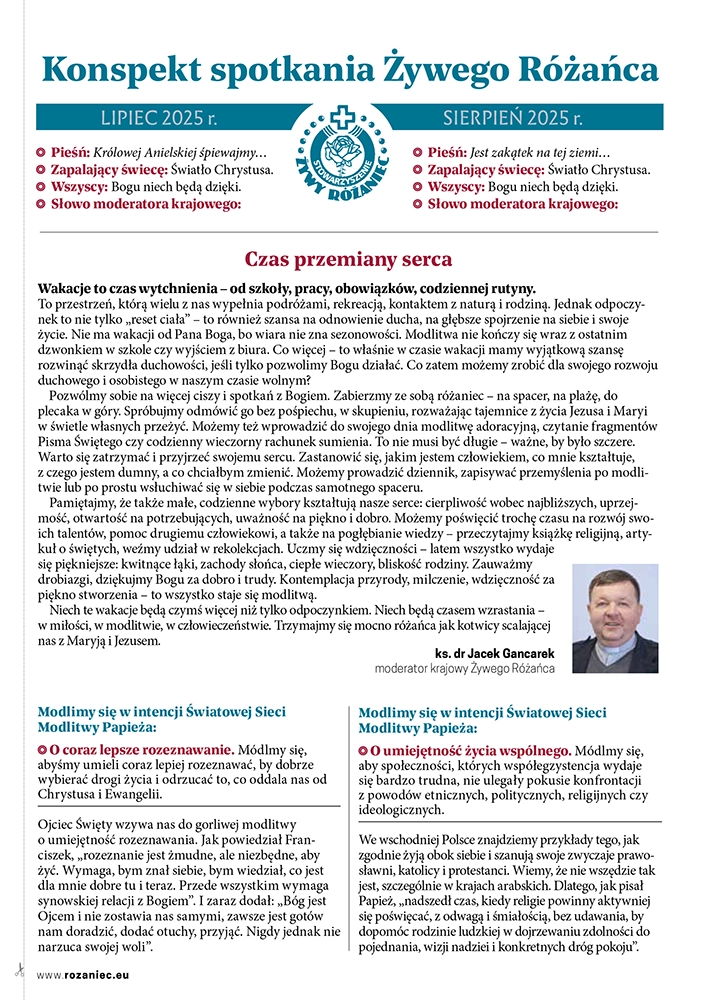 Miesięcznik Różaniec – Konspekt Spotkania Żywego Różańca Lipiec Sierpień 2025 r.